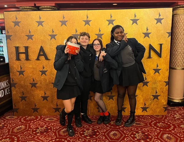 Students attending an exclusive performance of Hamilton at the Palace Theatre in February 2024